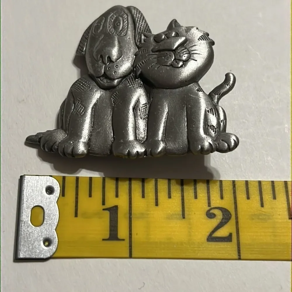 Vintage J.J. Pewter Dog and Cat Brooch